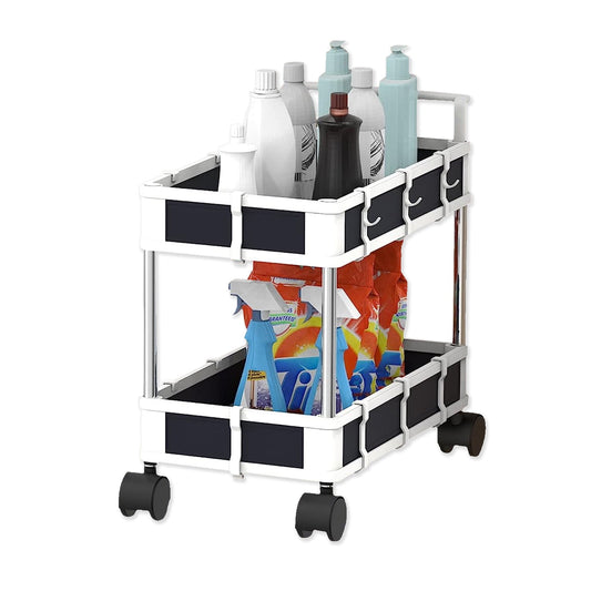 2 Tier Rolling Storage Cart Kitchen or Bathroom Organizer with Wheels & Handle Adjustable Small Rolling Cart Cabinet Organizer Under Table Storage Under Desk Organizer Large Capacity