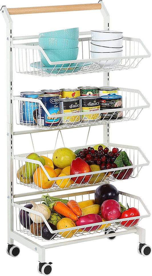 4 Tier Fruit Vegetable Storage Basket Rolling Cart with Handle and Wheels, White